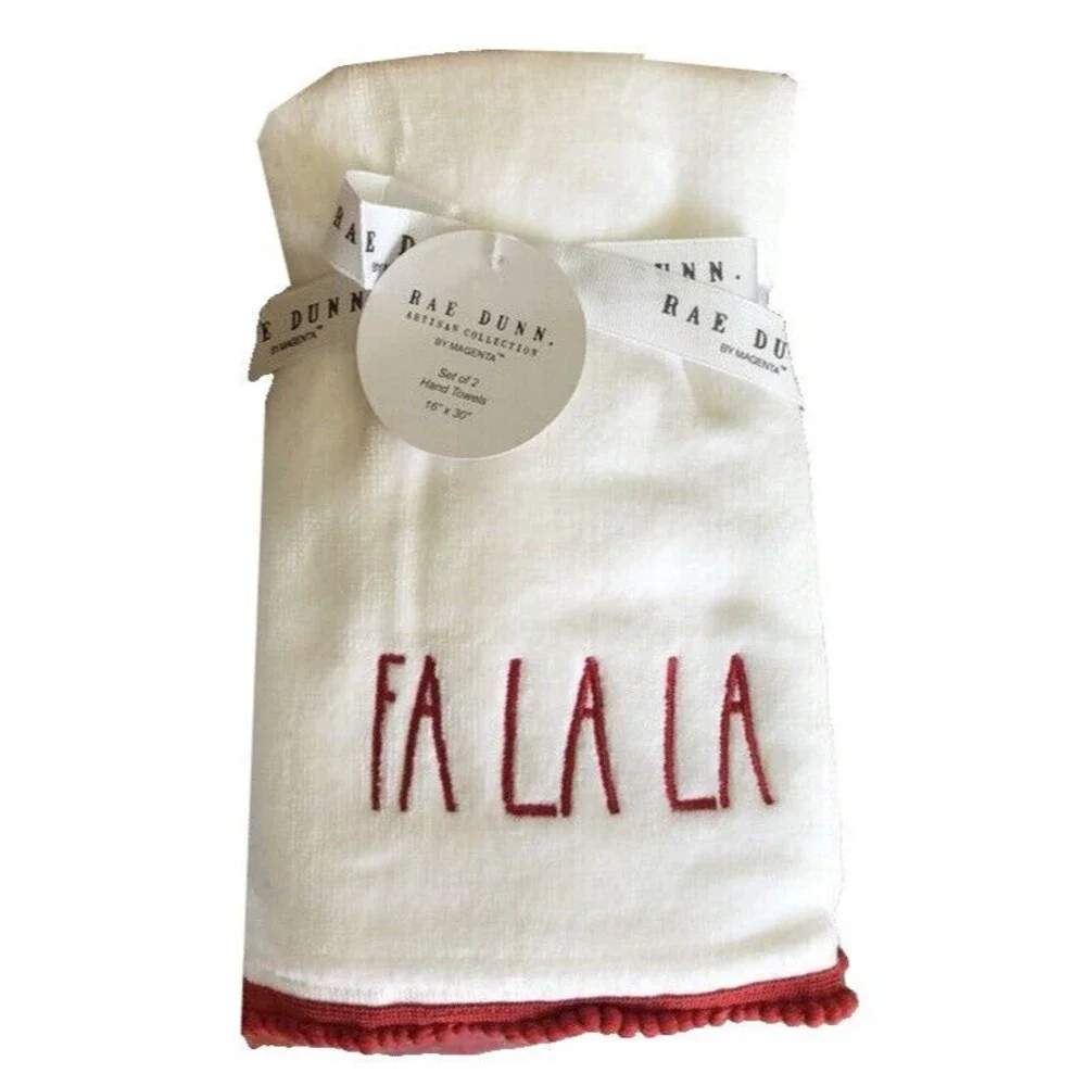 Rae Dunn Christmas Fa La La Hand Towels Set of 2 White Embroidered Guest Bath